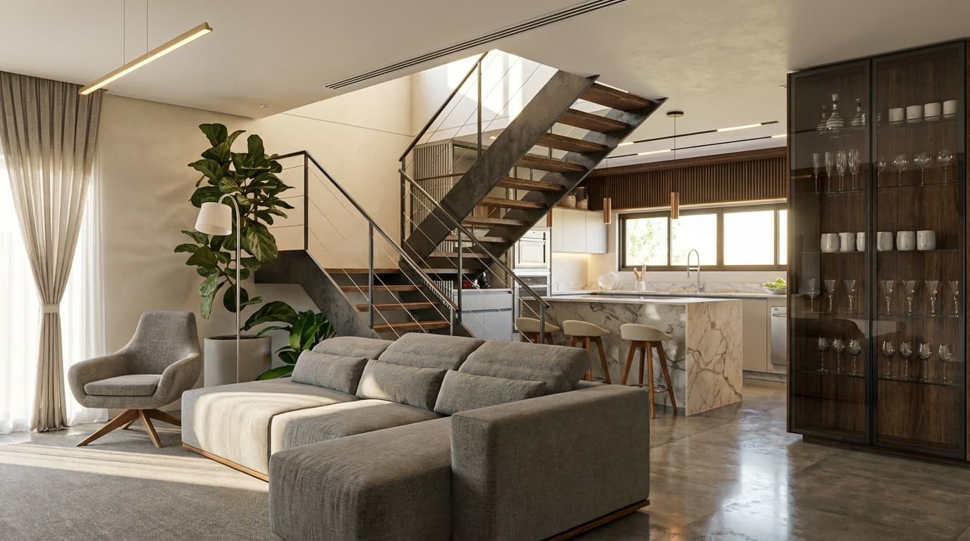 Render fotorrealista de sala de estar gerado com IA do Heo